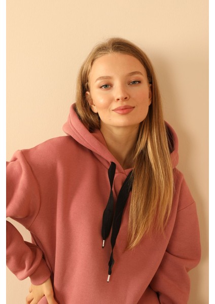 Şardonlu 3 Iplik Kumaş Kapüşonlu Kadın Elbise-Gül Kurusu fırsatları