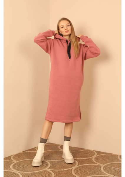 Şardonlu 3 Iplik Kumaş Kapüşonlu Kadın Elbise-Gül Kurusu indirimleri