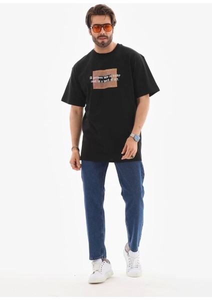 Unisex Bisiklet Yaka Baskılı Oversize T-Shirt - Siyah