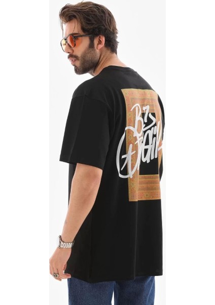 Unisex Bisiklet Yaka Baskılı Oversize T-Shirt - Siyah indirimleri