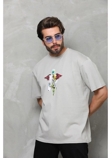 Unisex Bisiklet Yaka Baskılı Oversize T-Shirt - Gri fırsatları