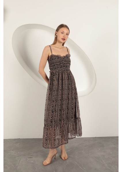 Şifon Kumaş Askılı Elbise-Kahve