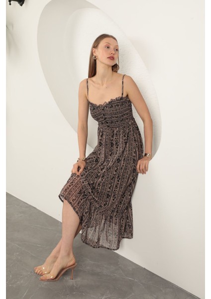 Şifon Kumaş Askılı Elbise-Kahve fiyatları