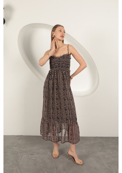 Şifon Kumaş Askılı Elbise-Kahve modelleri