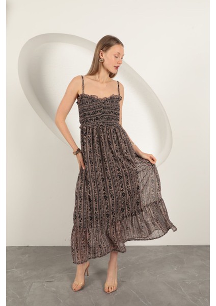 Şifon Kumaş Askılı Elbise-Kahve fırsatları