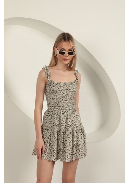 Viskon Çıtır Çiçek Desen Elbise-Bej fiyatları