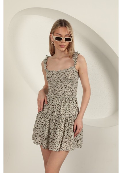 Viskon Çıtır Çiçek Desen Elbise-Bej modelleri