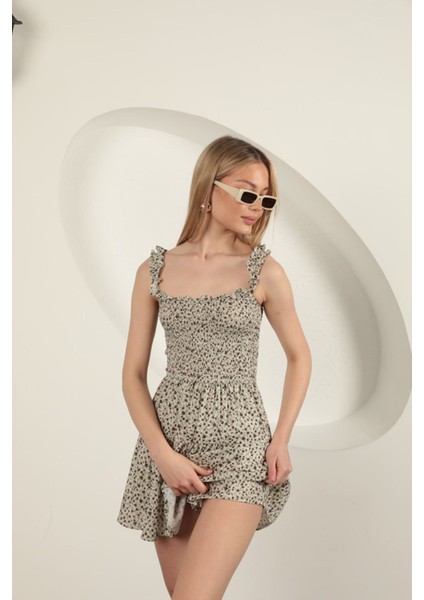 Viskon Çıtır Çiçek Desen Elbise-Bej indirimleri