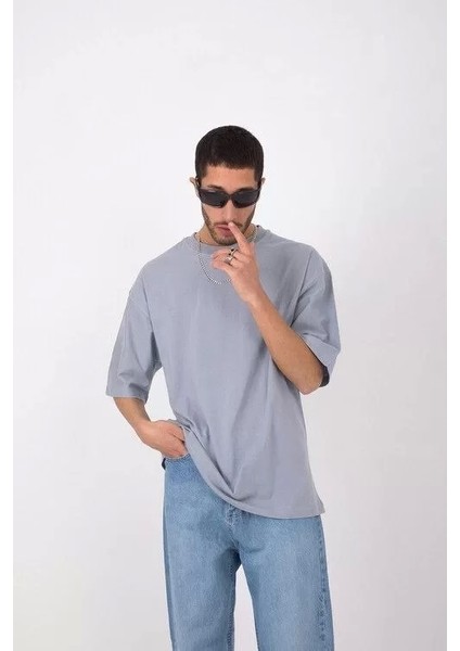 Unisex Basic Bisiklet Yaka Oversize T-Shirt - Gri