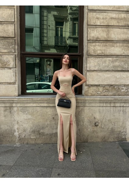 Ip Askılı Etek Ucu Volanlı Midi Boy Elbise