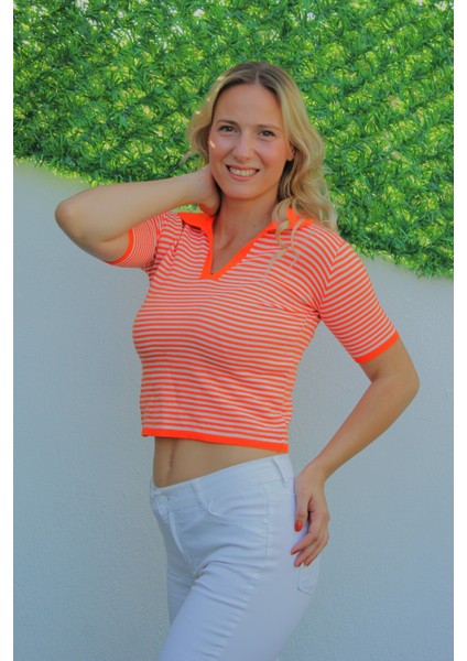 Polo Yaka Çizgili Tişört Turuncu - 140.055