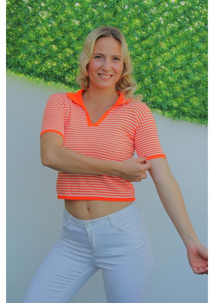 Polo Yaka Çizgili Tişört Turuncu - 140.055 fiyatları