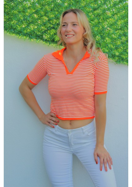 Polo Yaka Çizgili Tişört Turuncu - 140.055 modelleri