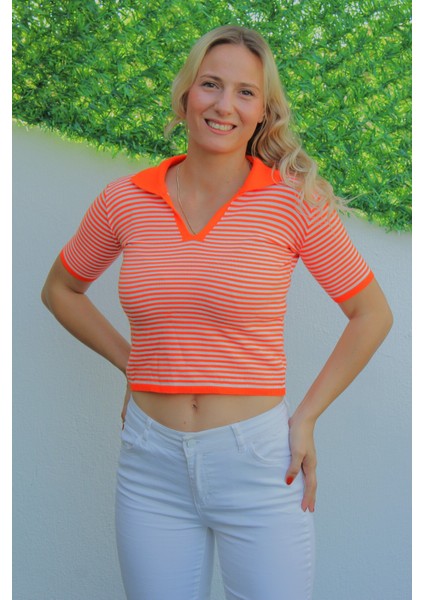 Polo Yaka Çizgili Tişört Turuncu - 140.055 fırsatları