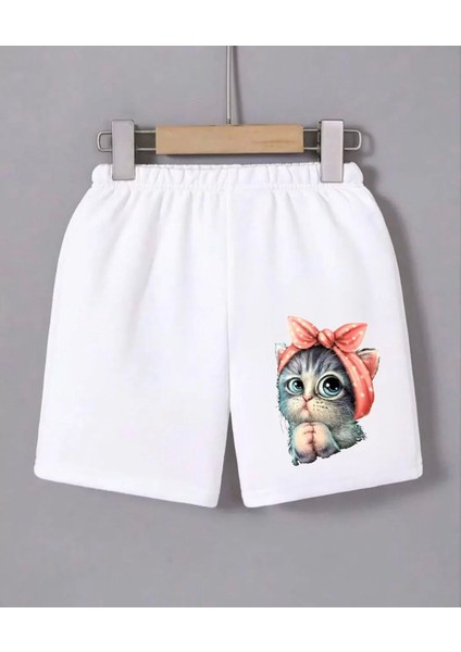 Kadın Beli Lastikli Baskılı Mini Şort - Beyaz