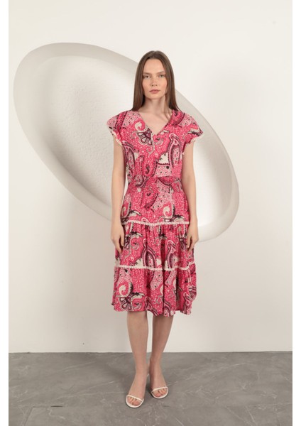 Viskon Etnik Desenli Elbise-Fuşya