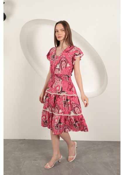 Viskon Etnik Desenli Elbise-Fuşya fiyatları