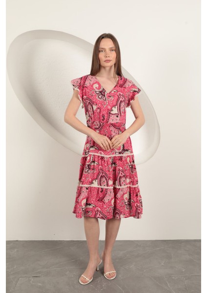 Viskon Etnik Desenli Elbise-Fuşya modelleri