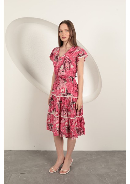 Viskon Etnik Desenli Elbise-Fuşya indirimleri
