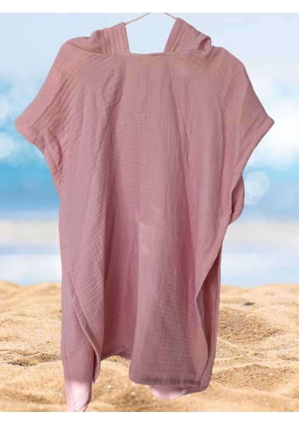 4 Kat Organik Müslin Kapşonlu Kadın Panço Bornoz Deniz Plaj Havuz Havlu Pembe Tek Beden