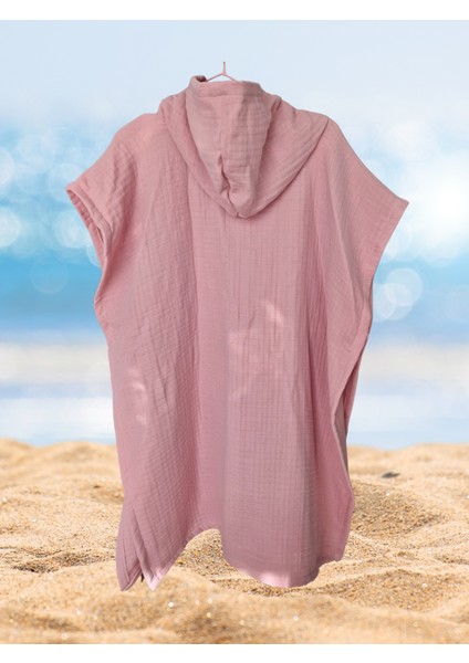 4 Kat Organik Müslin Kapşonlu Kadın Panço Bornoz Deniz Plaj Havuz Havlu Pembe Tek Beden fiyatları