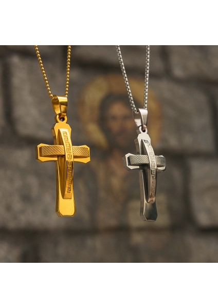 Altın & Gümüş Renk Seçenekli Grek Desen Paslanmaz Çelik Haç Kolye