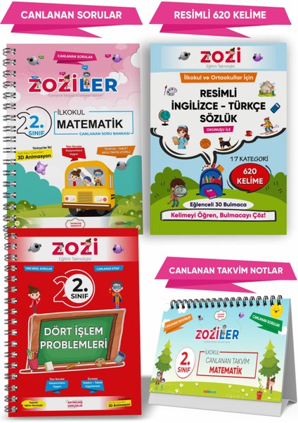 2.sınıf Canlanan Mat Soru Bnk – Dört Işlem Prb - Resimli Ing Sözlük - Takvim Not (4lü Set)