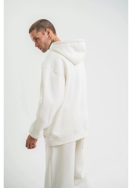 Unisex Double Oversize Kapşonlu Basic Sweatshirt - Beyaz fırsatları