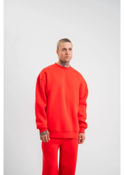 Uzun Kol Bisiklet Yaka Basic Sweatshirt - Kırmızı