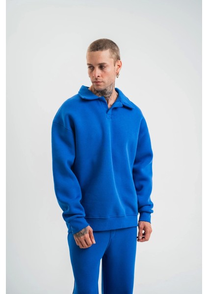 Unisex Double Oversize Patlı Yaka Sweatshirt - Mavi