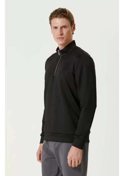 Unisex Uzun Kol Yarım Farmuarlı Yakalı Basic Sweatshirt - Siyah fırsatları