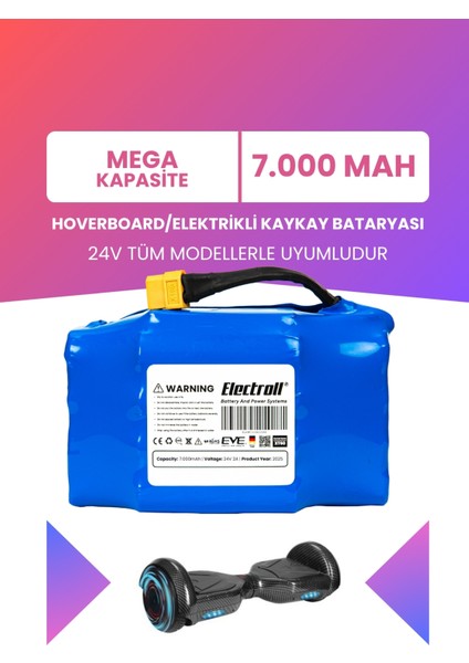 Hoverboard / Elektrikli Kaykay Bataryası 24V 7.000MAH (Mega Kapasite) Güçlendirilmiş Batarya