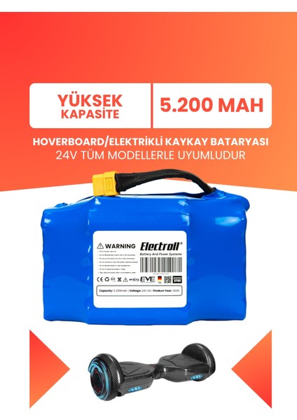 Hoverboard / Elektrikli Kaykay Bataryası 24V 5.200MAH (Yüksek Kapasite) Güçlendirilmiş Batarya