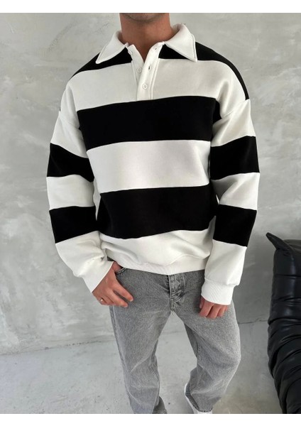 Unisex Üç Iplik Parçalı Yakalı Sweatshirt - Siyah