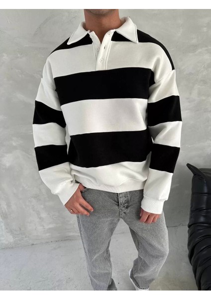 Unisex Üç Iplik Parçalı Yakalı Sweatshirt - Siyah fırsatları