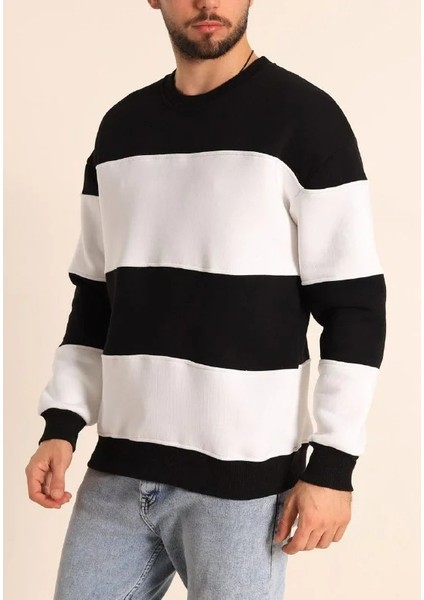 Parçalı Bisiklet Yaka Baskılı Sweatshirt - Siyah
