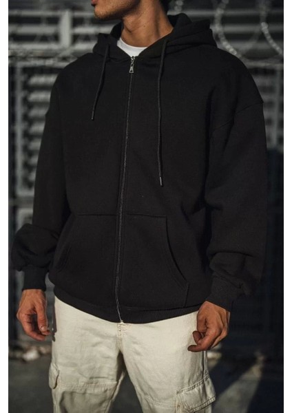 Oversize Tam Fermuarlı Uzun Kol Hırka - Siyah modelleri