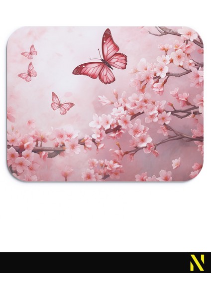 Pembe Kelebek Çiçek Desenli Ergonomik Mouse Pad - 23 cm x 19 cm - Kaydırmaz Taban Ev ve Ofis Kullanımı Için Ideal Fare Altlığı Mousepad
