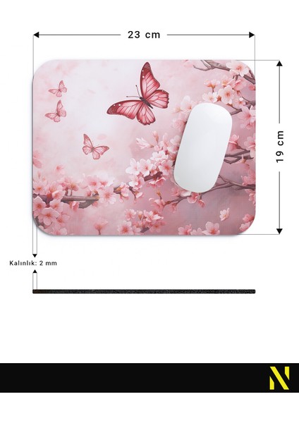 Pembe Kelebek Çiçek Desenli Ergonomik Mouse Pad - 23 cm x 19 cm - Kaydırmaz Taban Ev ve Ofis Kullanımı Için Ideal Fare Altlığı Mousepad