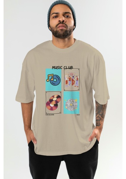 Music Club Ön Baskılı Oversize T-Shirt Erkek Kadın %100 Pamuk Bisiklet Yaka Tişort