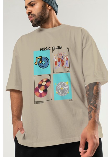 Music Club Ön Baskılı Oversize T-Shirt Erkek Kadın %100 Pamuk Bisiklet Yaka Tişort modelleri