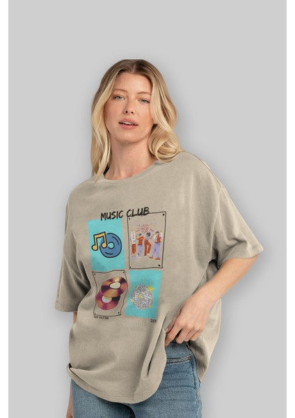 Music Club Ön Baskılı Oversize T-Shirt Erkek Kadın %100 Pamuk Bisiklet Yaka Tişort fırsatları