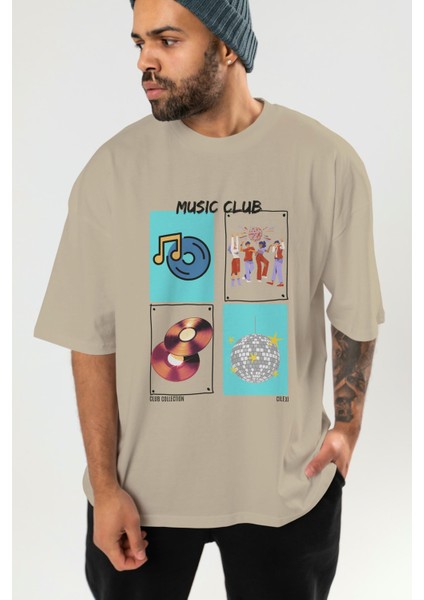 Music Club Ön Baskılı Oversize T-Shirt Erkek Kadın %100 Pamuk Bisiklet Yaka Tişort