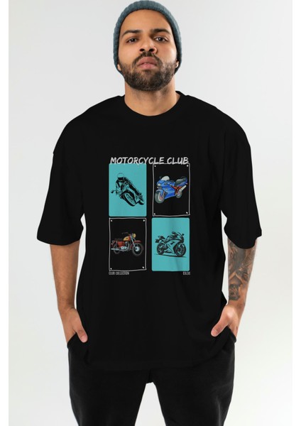 Motorcycle Club Ön Baskılı Oversize T-Shirt Erkek Kadın %100 Pamuk Bisiklet Yaka Tişort