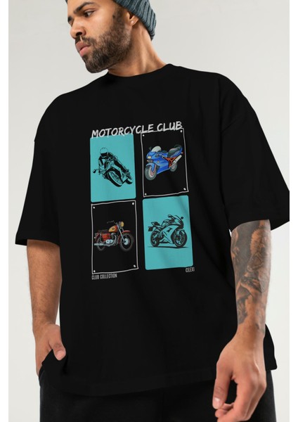 Motorcycle Club Ön Baskılı Oversize T-Shirt Erkek Kadın %100 Pamuk Bisiklet Yaka Tişort modelleri