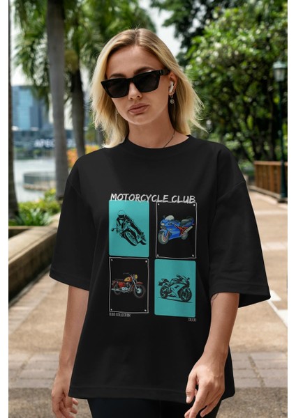 Motorcycle Club Ön Baskılı Oversize T-Shirt Erkek Kadın %100 Pamuk Bisiklet Yaka Tişort indirimleri
