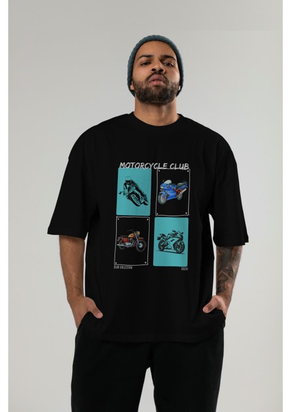 Motorcycle Club Ön Baskılı Oversize T-Shirt Erkek Kadın %100 Pamuk Bisiklet Yaka Tişort