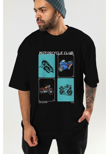 Motorcycle Club Ön Baskılı Oversize T-Shirt Erkek Kadın %100 Pamuk Bisiklet Yaka Tişort