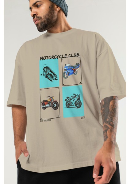 Motorcycle Club Ön Baskılı Oversize T-Shirt Erkek Kadın %100 Pamuk Bisiklet Yaka Tişort modelleri