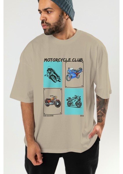 Motorcycle Club Ön Baskılı Oversize T-Shirt Erkek Kadın %100 Pamuk Bisiklet Yaka Tişort